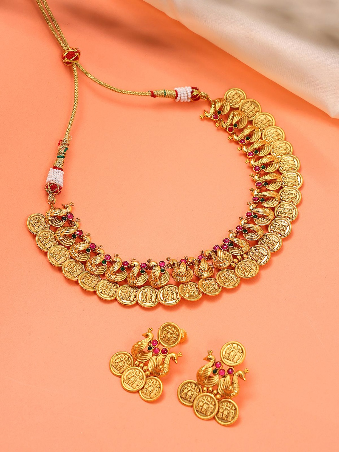 

Exotic India South Indian Traditional Ram Darbar Necklace and Earrings Set, Gold