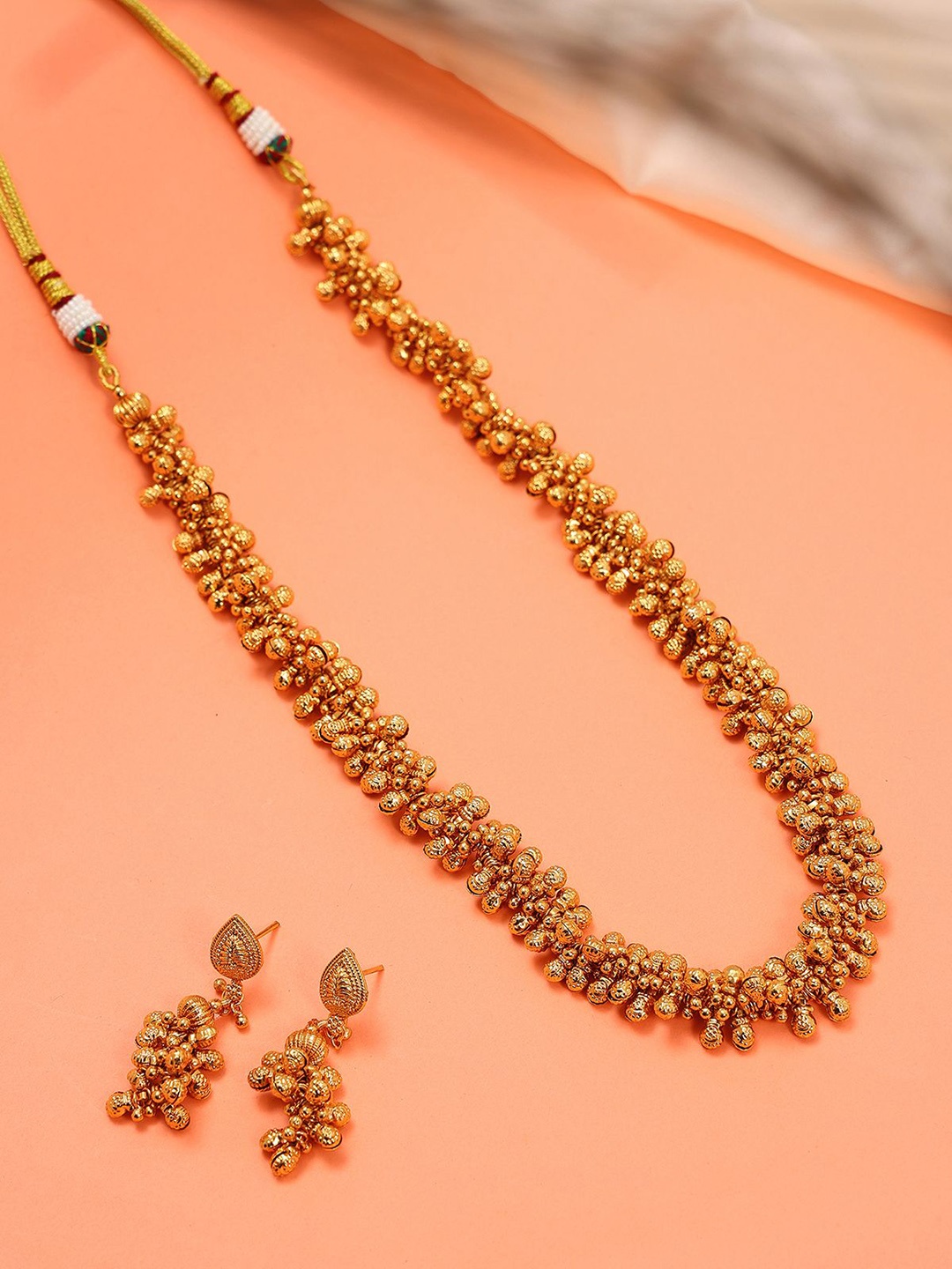 

Exotic India Brass Beaded Mala with Earrings Set, Gold