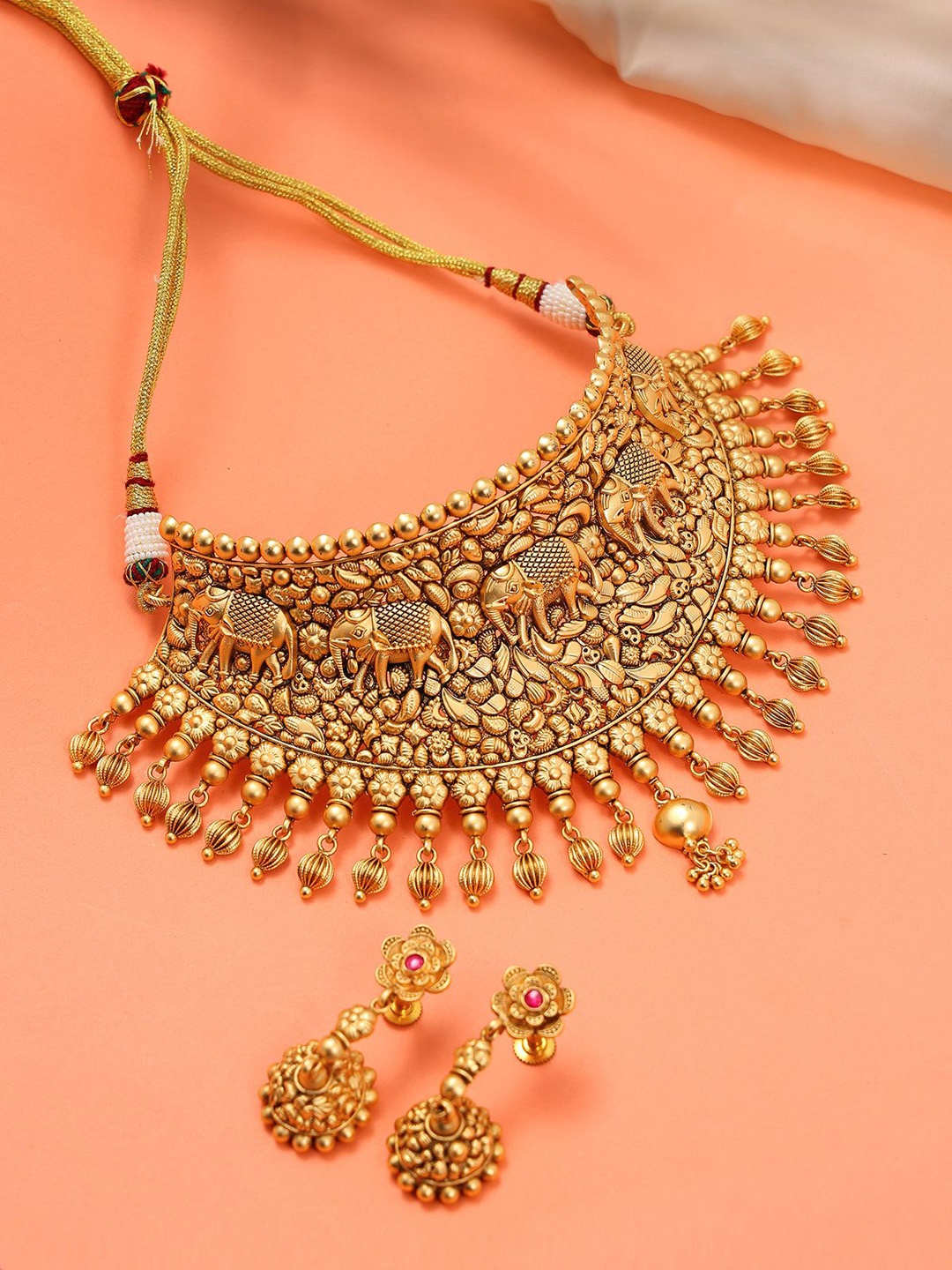 

Exotic India Traditional Brass Choker Necklace with Earrings Set, Gold