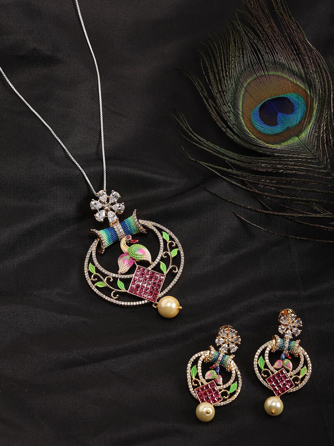 

Exotic India Brass Peacock Pendant and Earring Set with Pearls Beaded Drop Jewellery Set, Gold