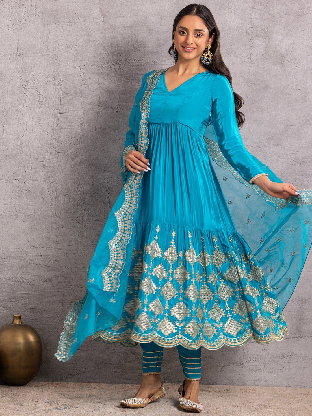 

SEW Geometric Embroidered Layered Thread Work Anarkali Kurta With Trouser & Dupatta, Blue