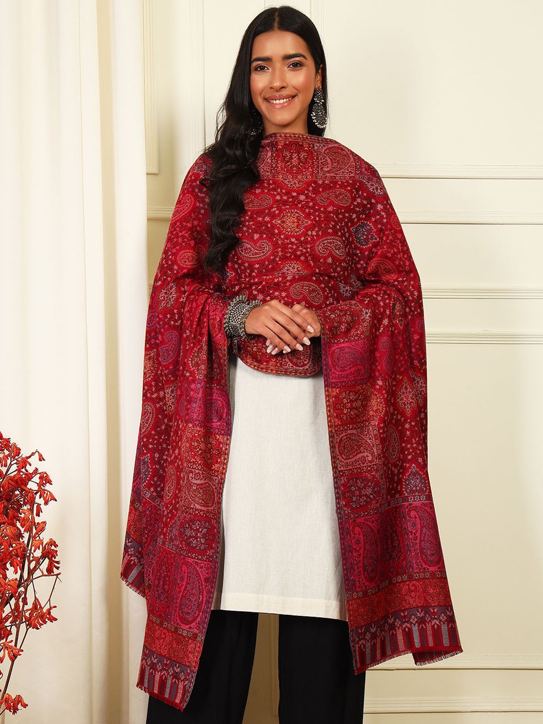 

Pashmoda Paisley Woven Design Woollen Shawl, Maroon