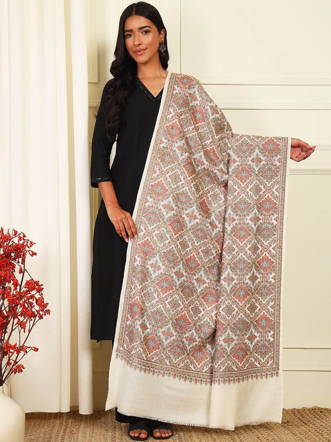 

Pashmoda Ethnic Motifs Embroidered Woollen Silk Shawl, White