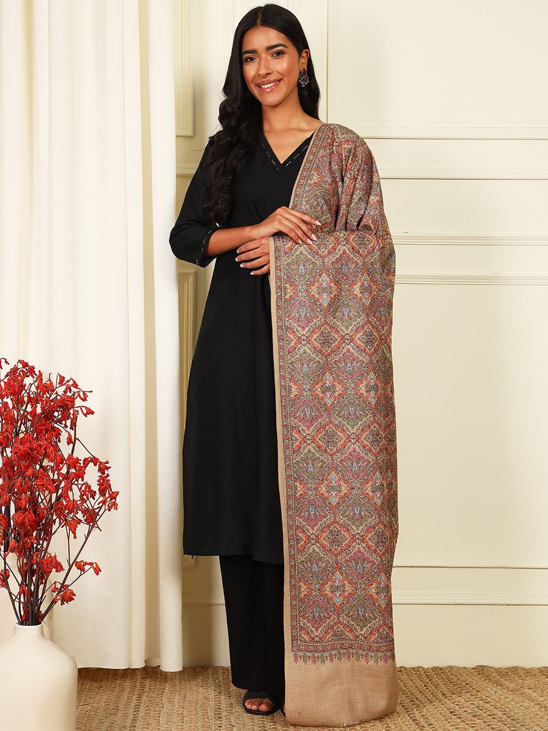 

Pashmoda Paisley Embroidered Woollen Silk Shawl, Beige