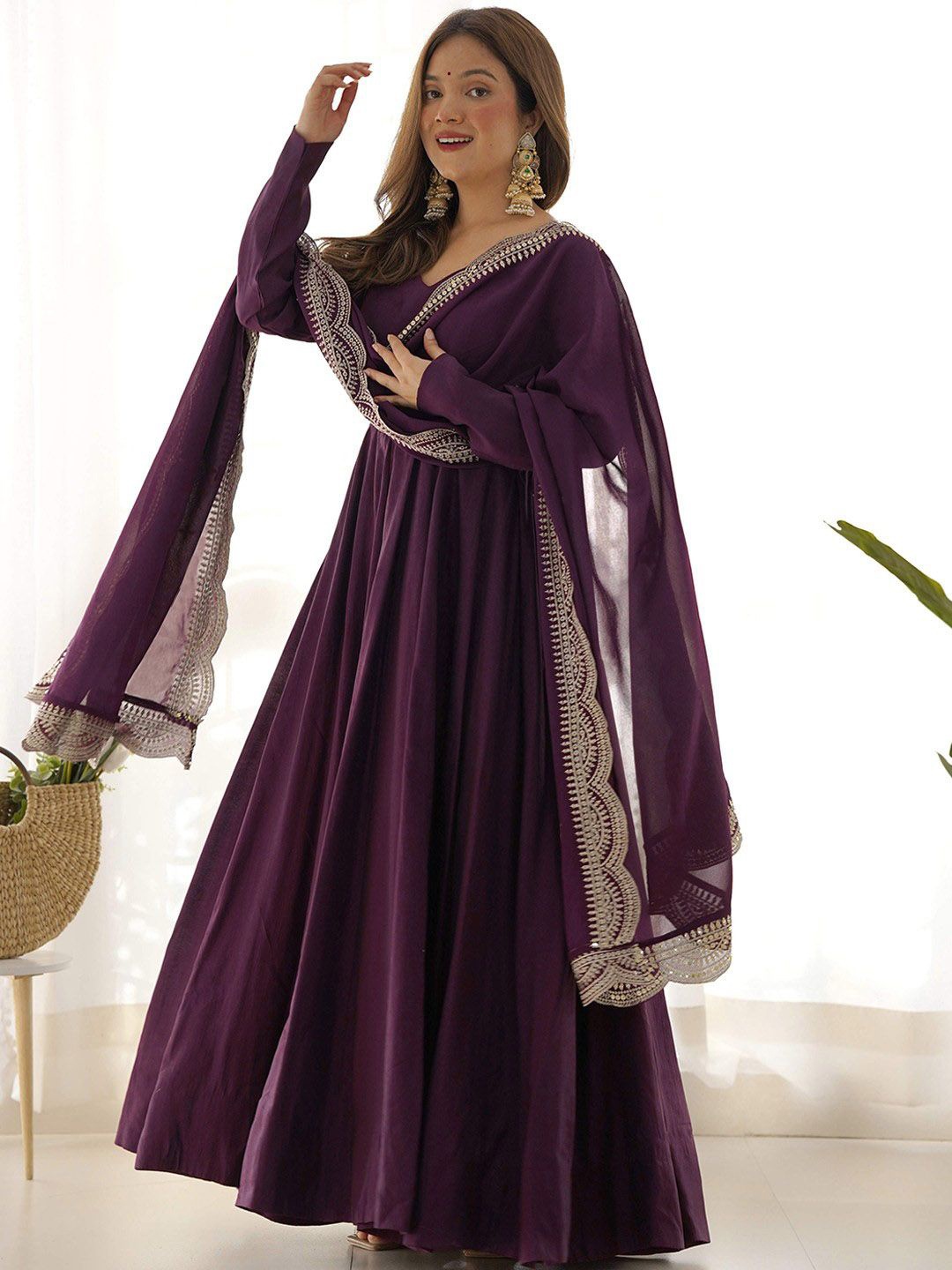 

BAESD Sweetheart Neck Zari Embroidered Georgette Gown With Dupatta, Purple