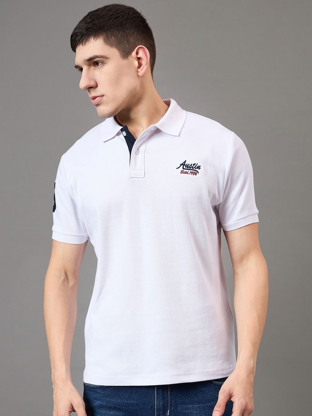 

Austin wood Men Solid Polo Collar Cotton T-shirt, White