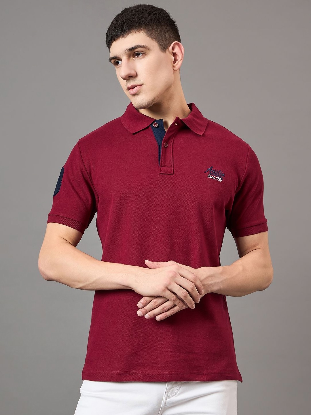 

Austin wood Men Solid Polo Collar Cotton T-shirt, Maroon