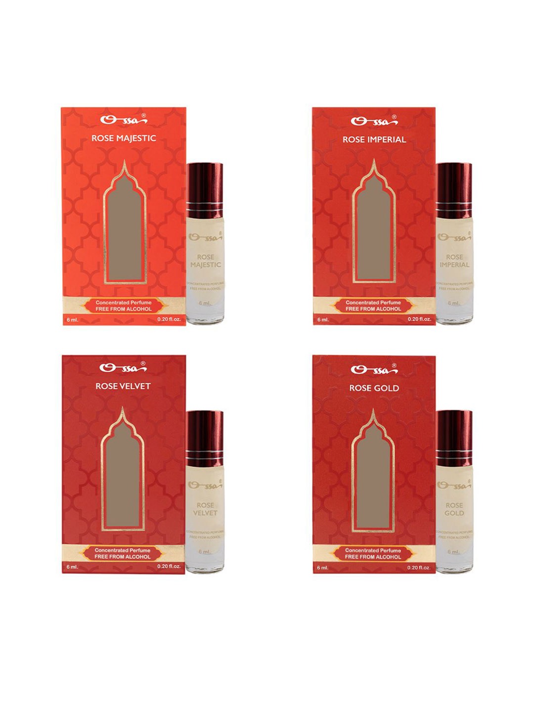 

Ossa Set Of 4 Rose Majestic- Imperial- Velvet- Gold Concentrated Attar- 6 ml Each, Red