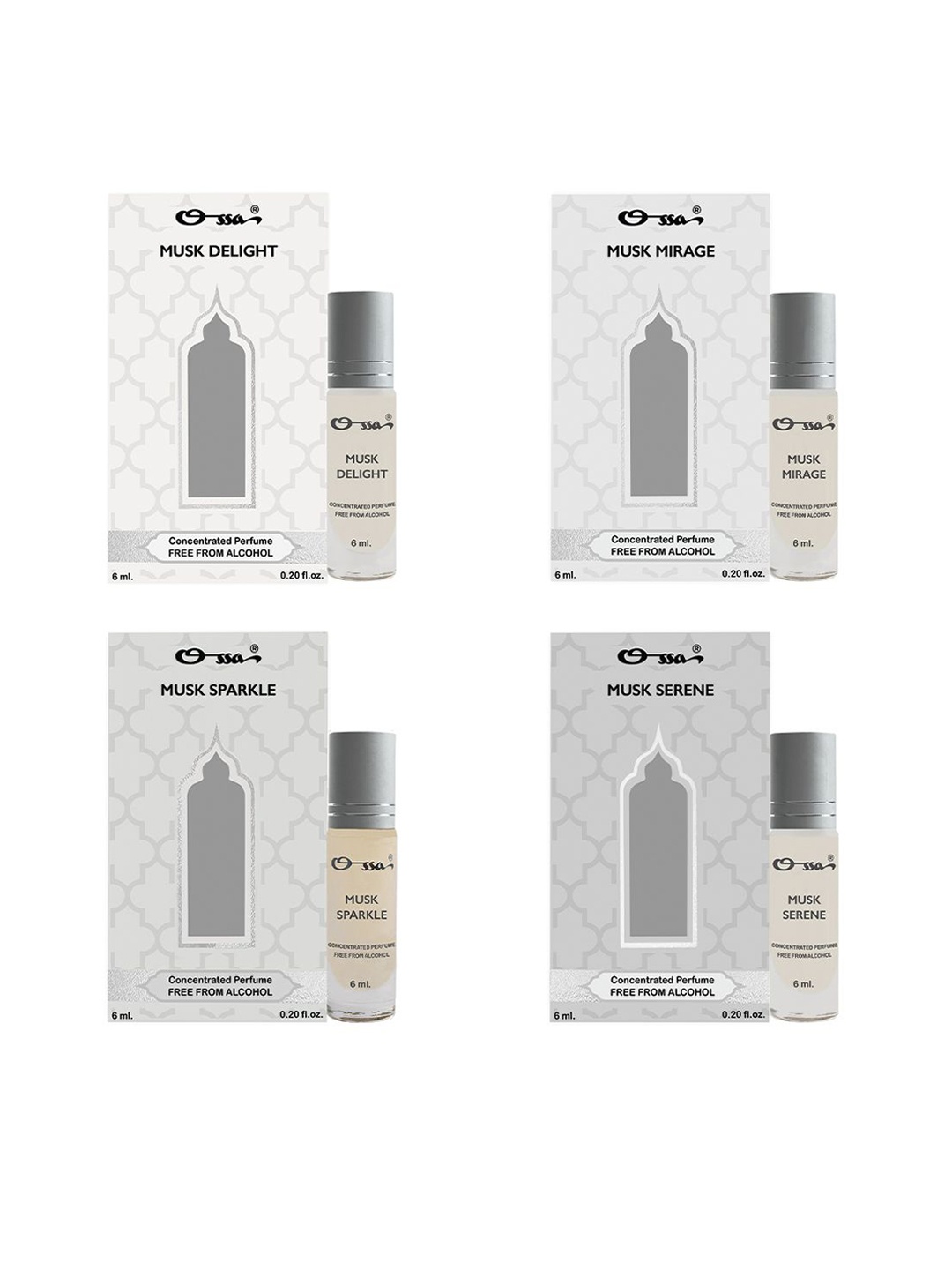 

Ossa Set Of 4 Musk Delight- Mirage- Serene- Sparkle Alcohol Free Attar - 6 ml Each, Silver