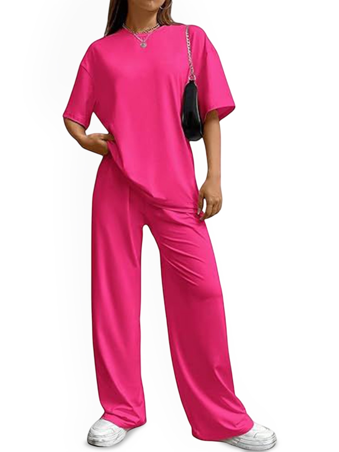 

My Swag Solid Printed Round Neck T-Shirt With Trouser, Pink