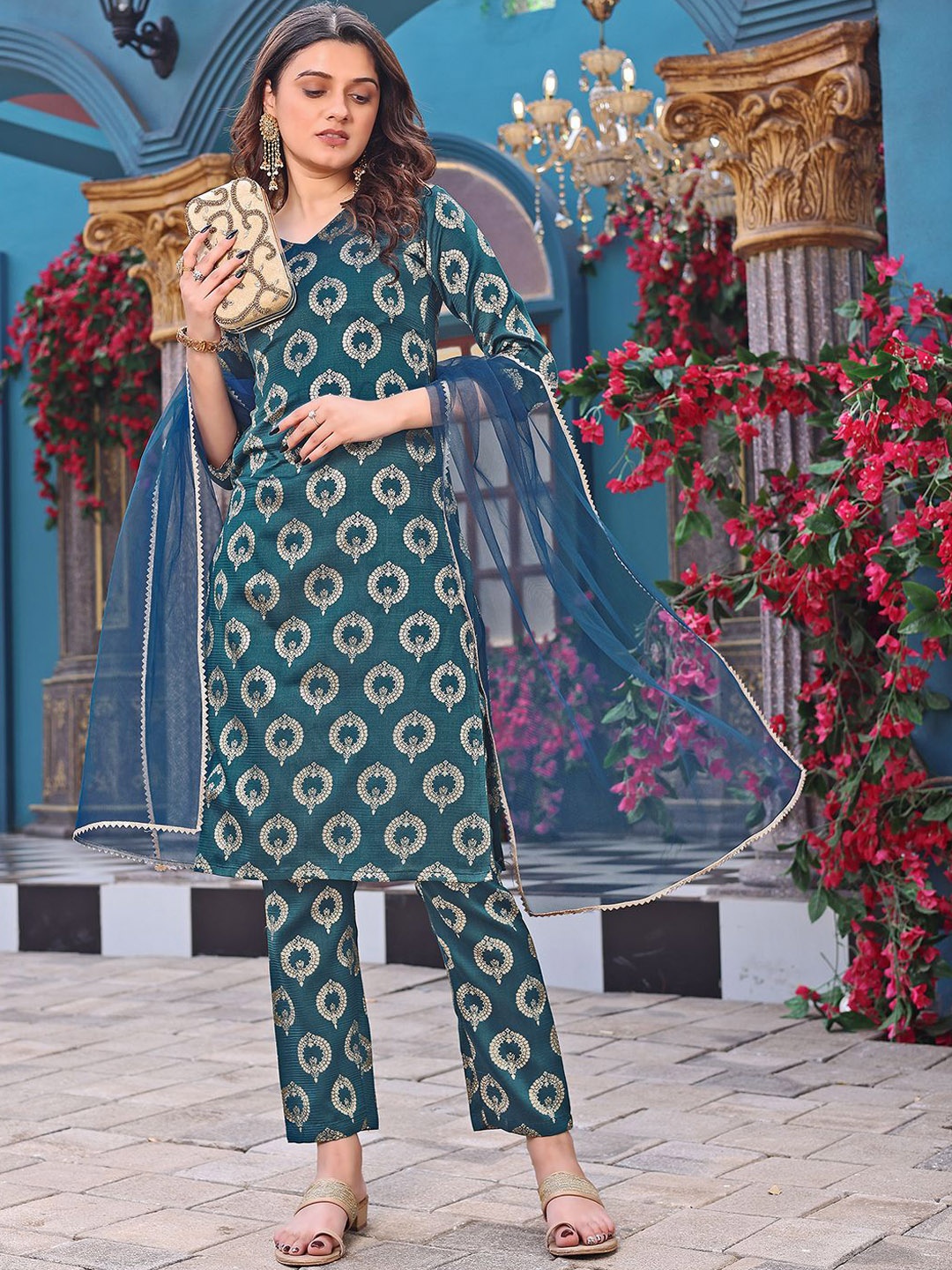 

BAESD Ethnic Motifs Printed V-Neck Straight Kurta With Trouser And Dupatta, Blue