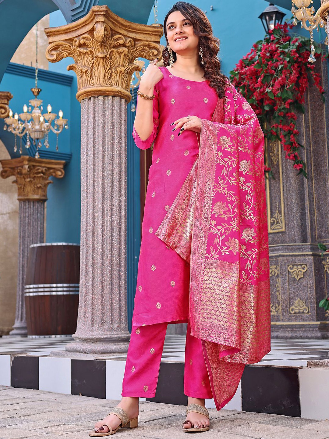 

BAESD Ethnic Motifs Woven Design Round Neck Straight Kurta With Trouser And Dupatta, Pink