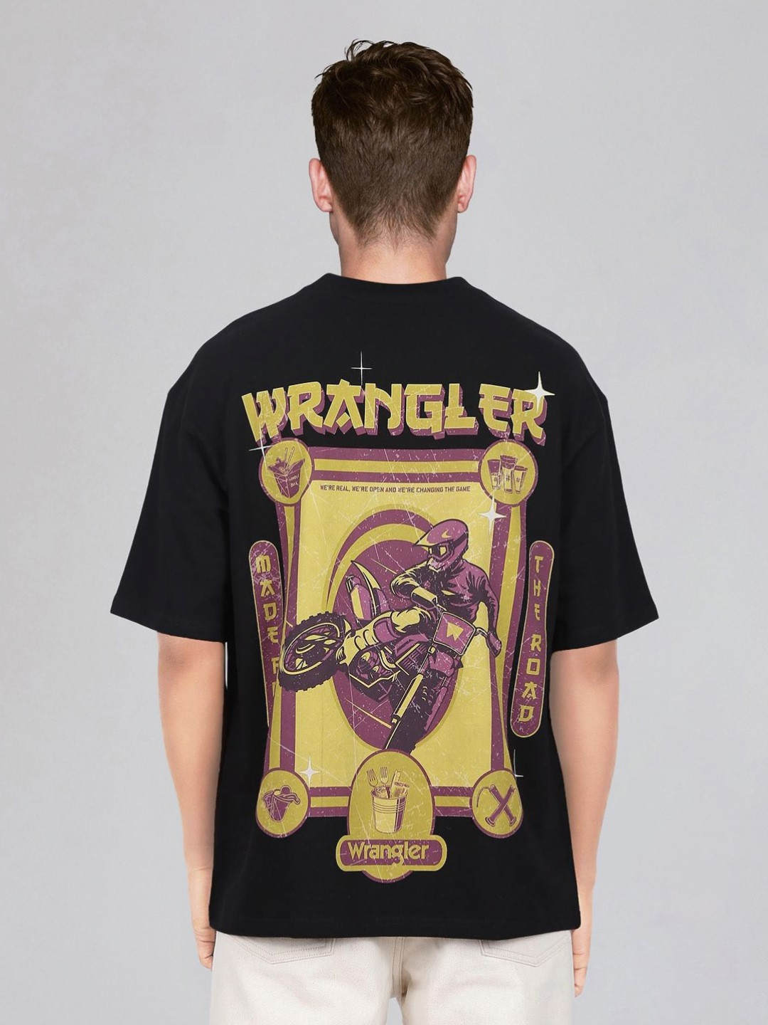 

Wrangler Men Graphic Printed Round Neck Cotton Oversized T-shirt, Black