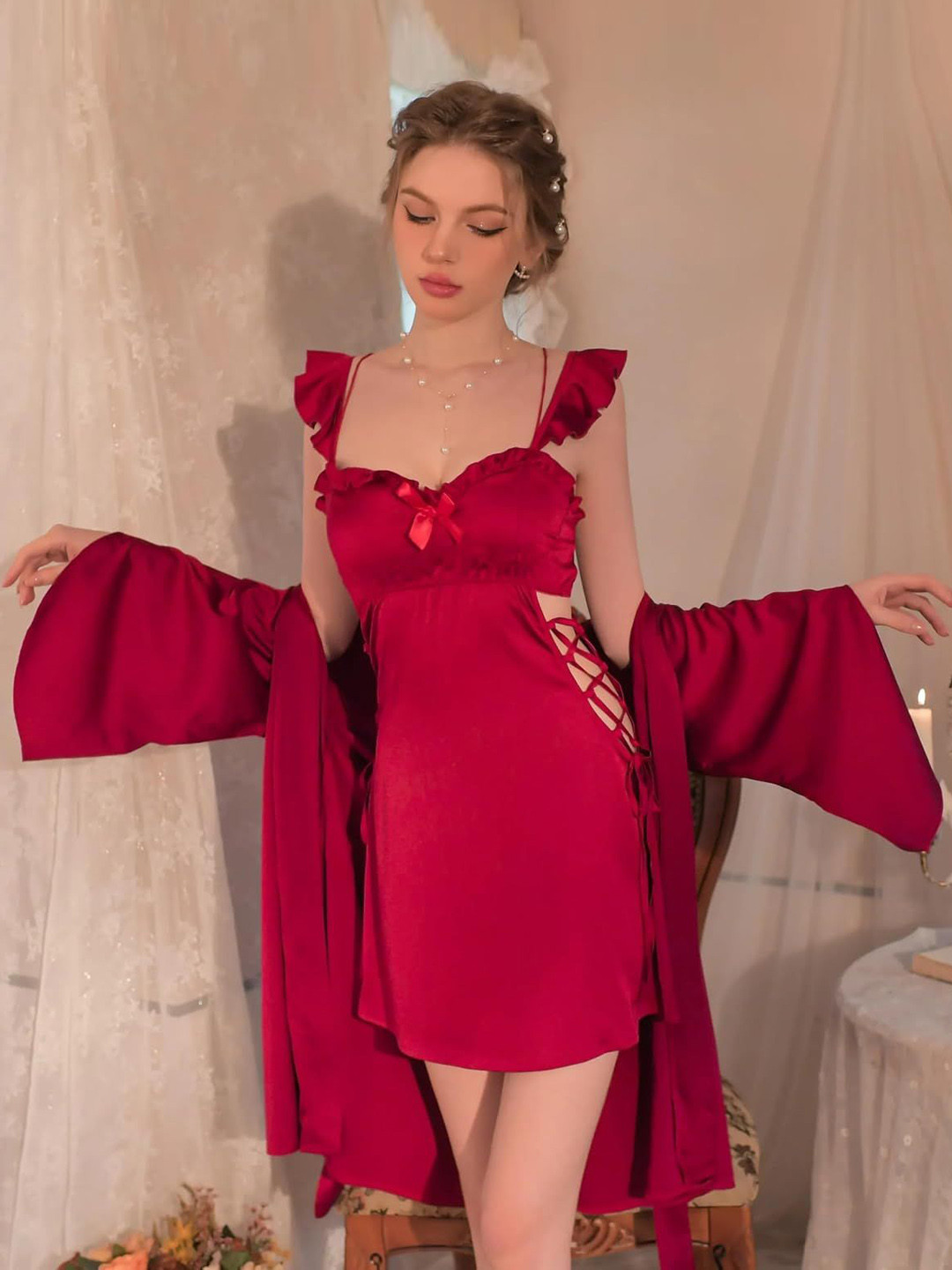 

Xivir Women Baby Doll & Robe, Maroon