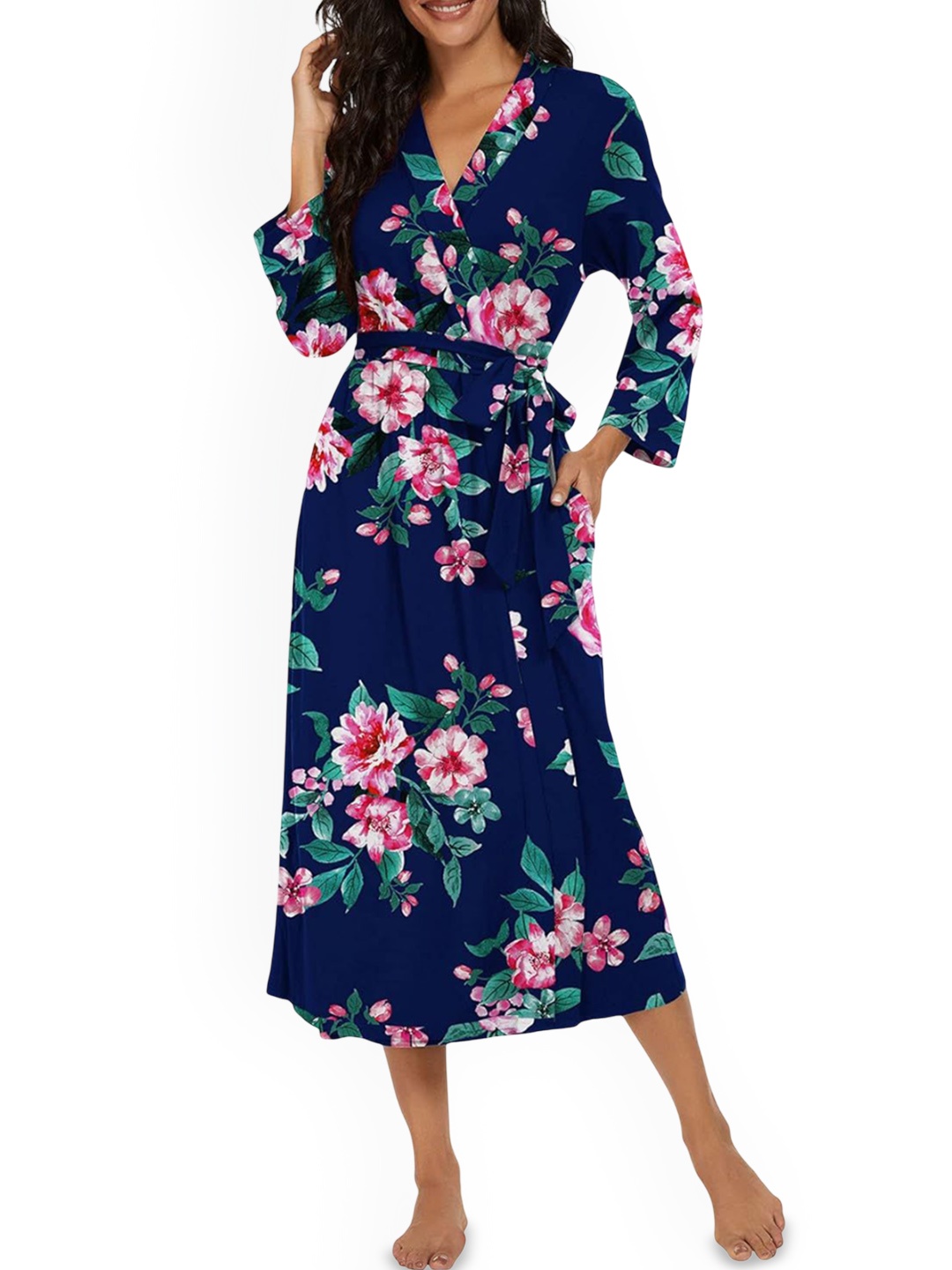 

Xivir Women Floral Printed Robe With Belt, Navy blue