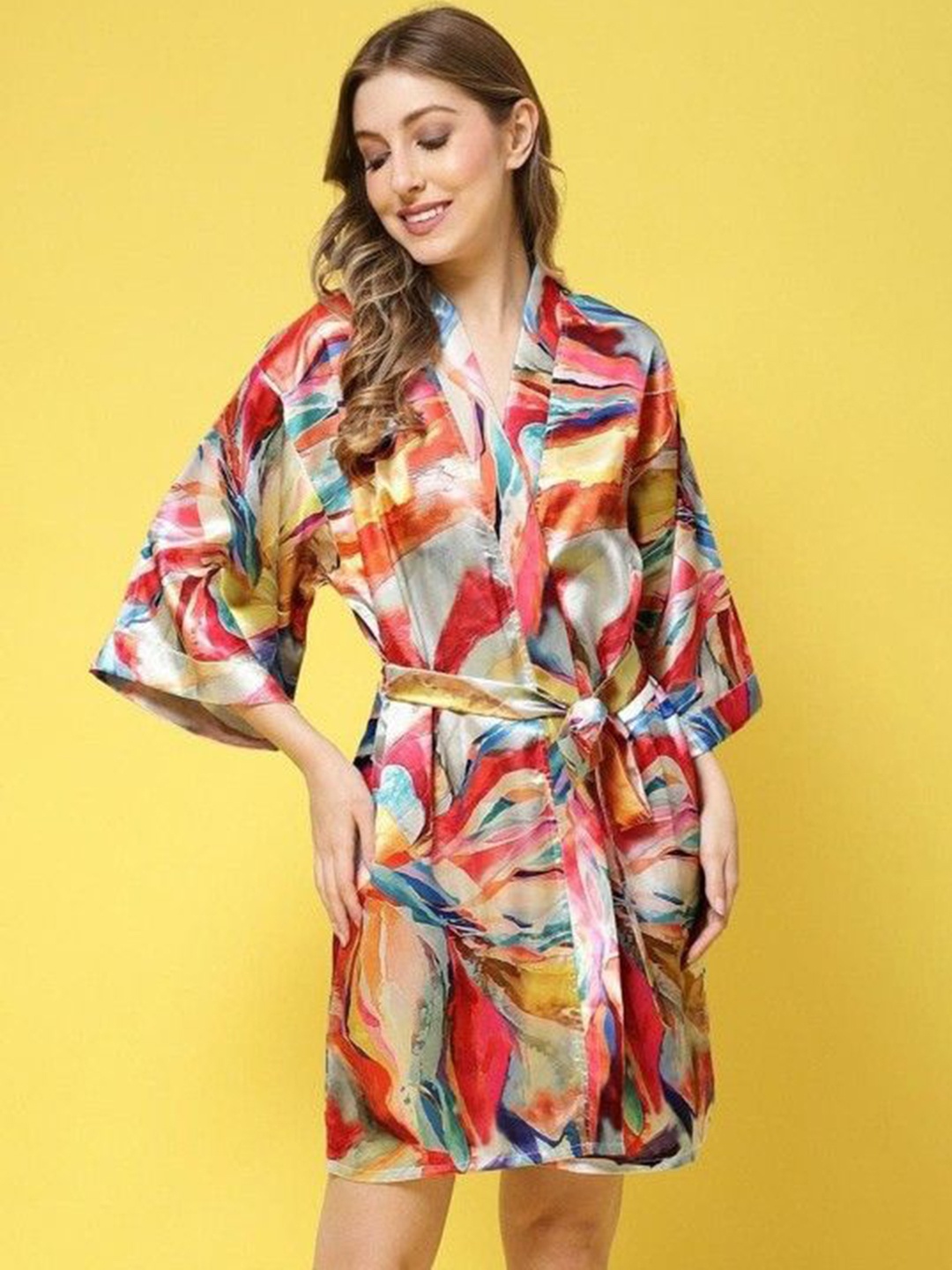 

Xivir Women Printed Robe With Belt, Multi