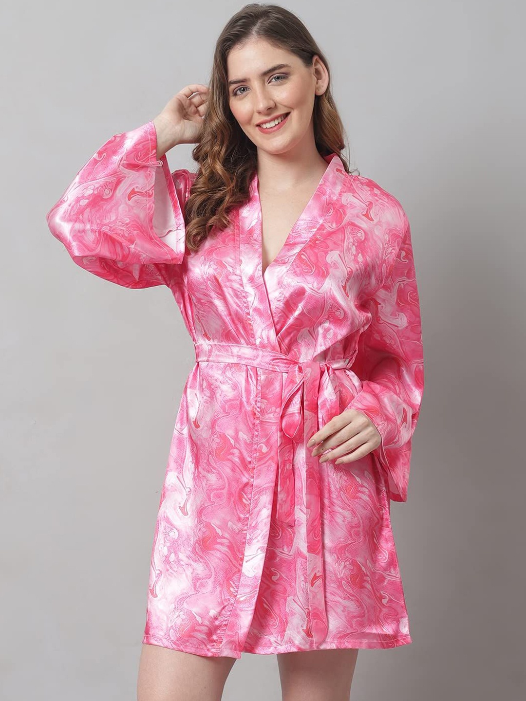

Xivir Women Printed Robe With Belt, Pink