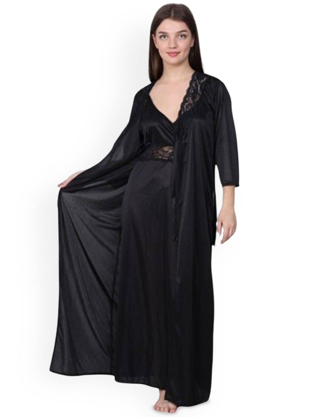 

Xivir Women V-Neck Maxi Nightdress & Robe, Black