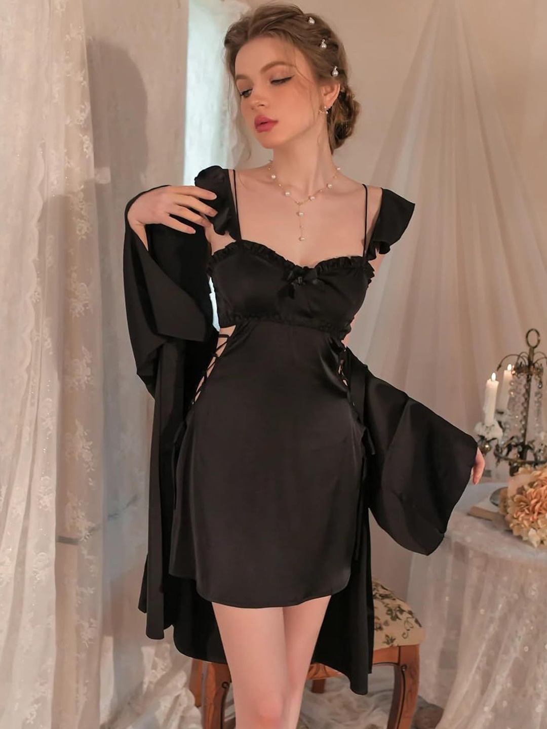 

Xivir Women Baby Doll & Robe, Black