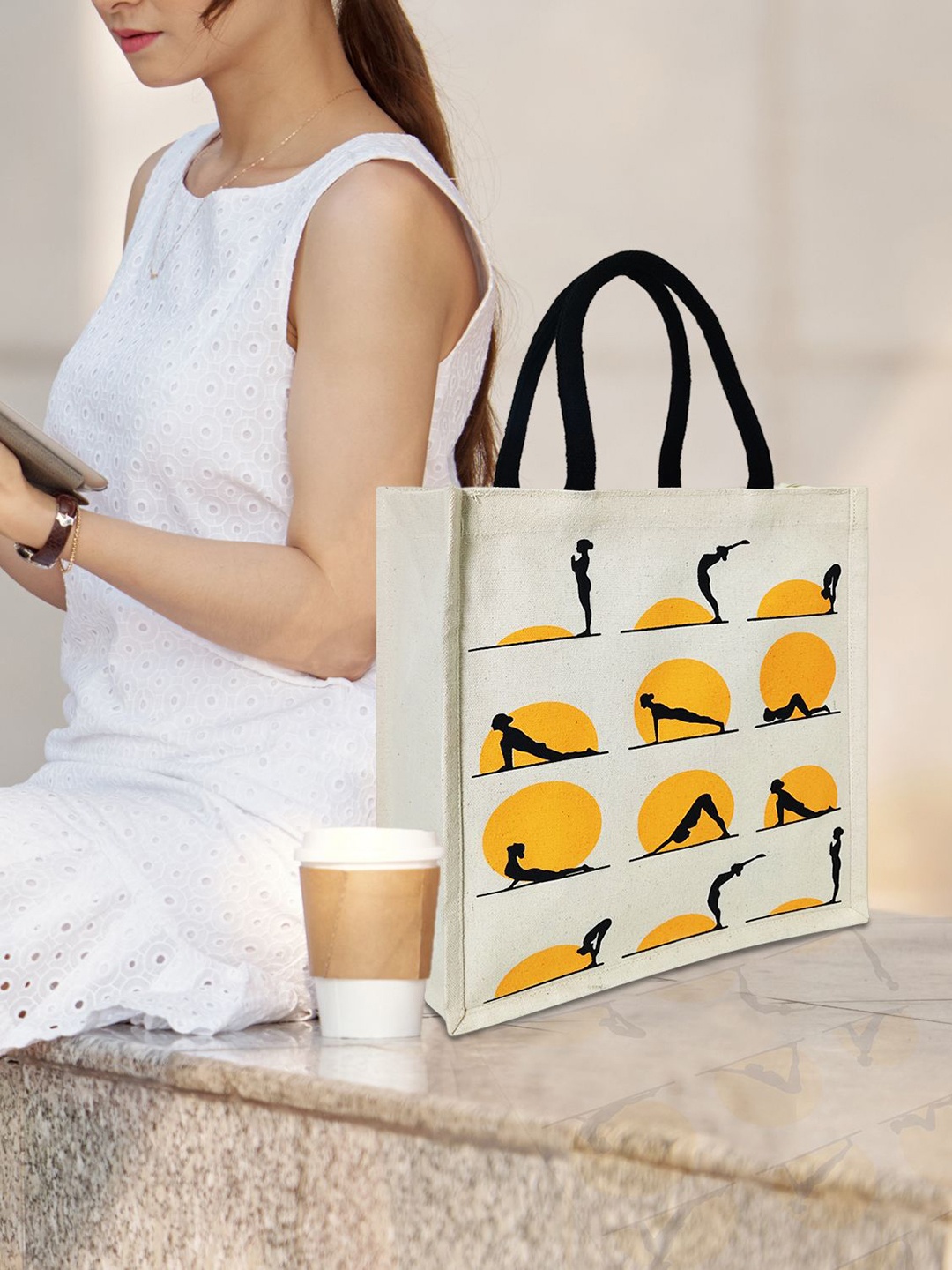 

earthbags Yoga Pose Printed Lunch Bag, Off white