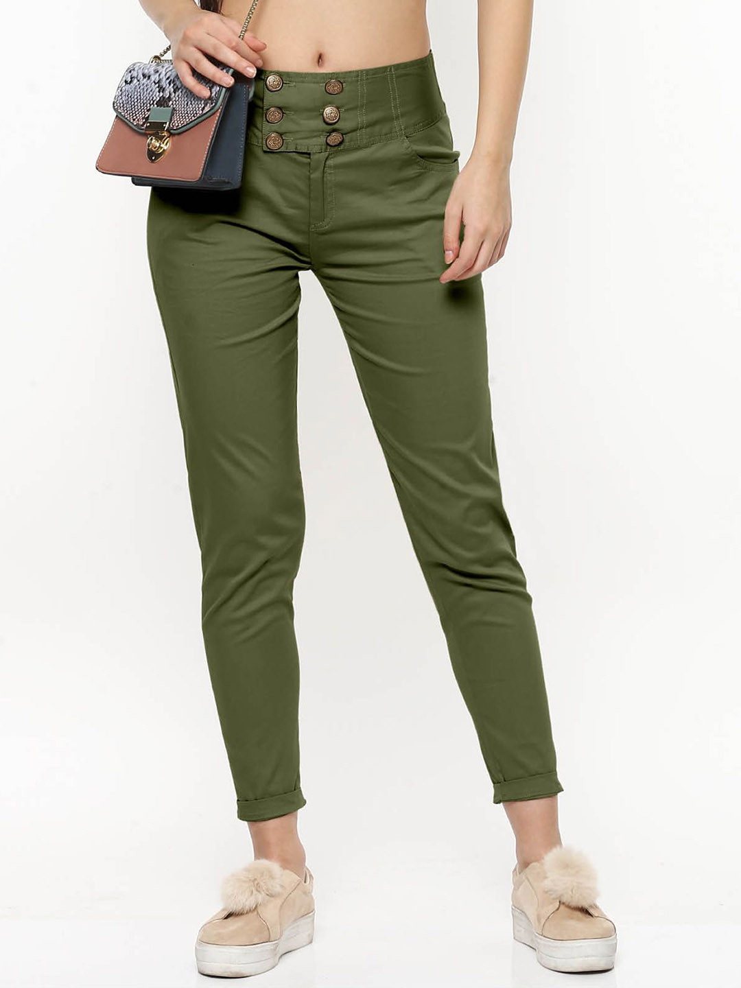 

FLOREOS Women Comfort Skinny Fit Easy Wash Cotton Regular Trousers, Green
