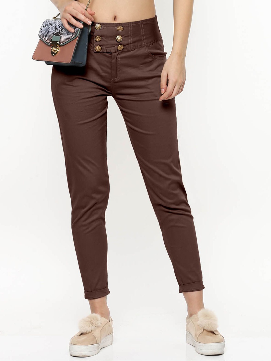 

FLOREOS Women Comfort Skinny Fit Mid-Rise Cotton Trousers, Coffee brown