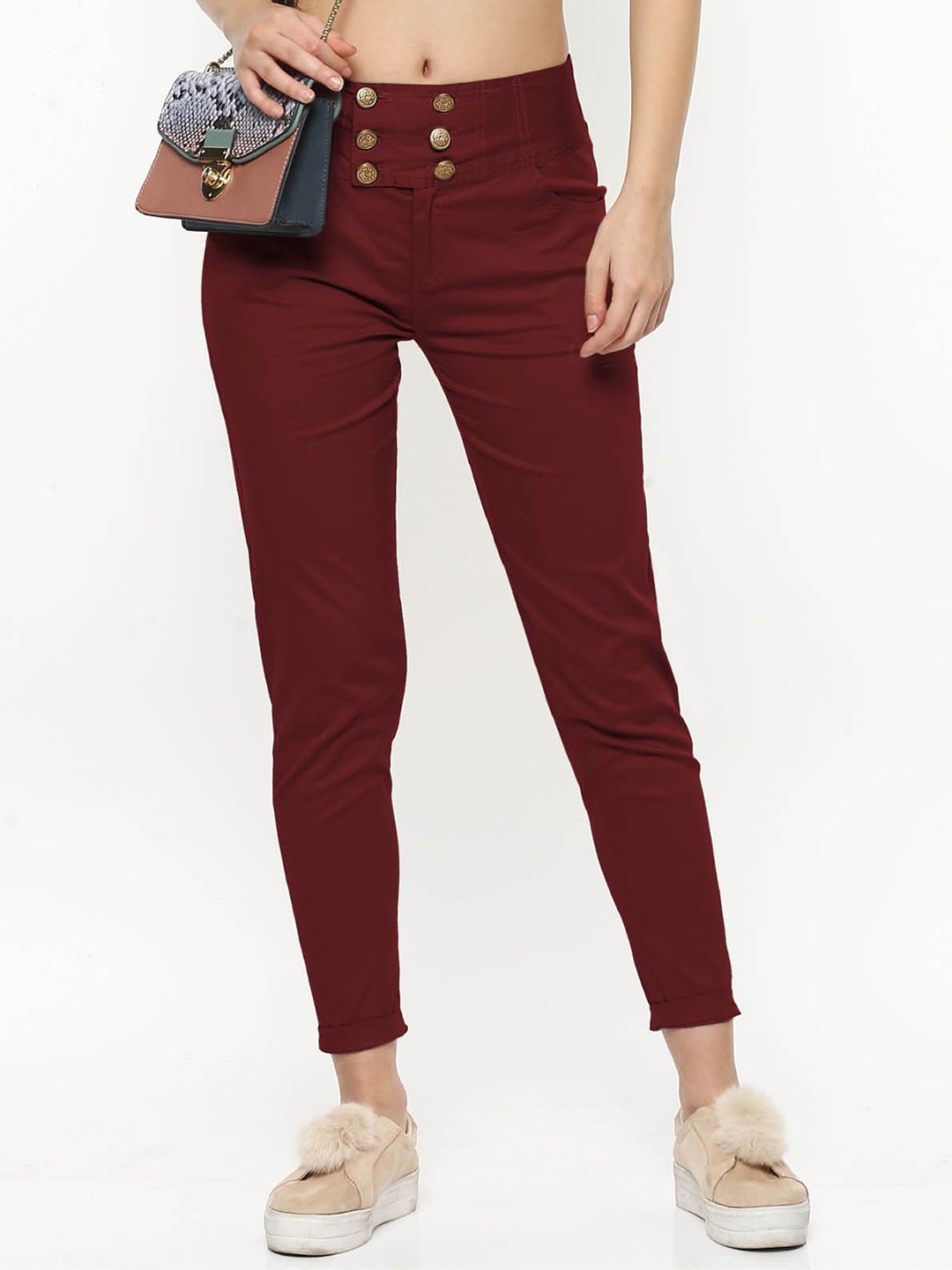 

FLOREOS Women Comfort Skinny Fit Easy Wash Trousers, Maroon