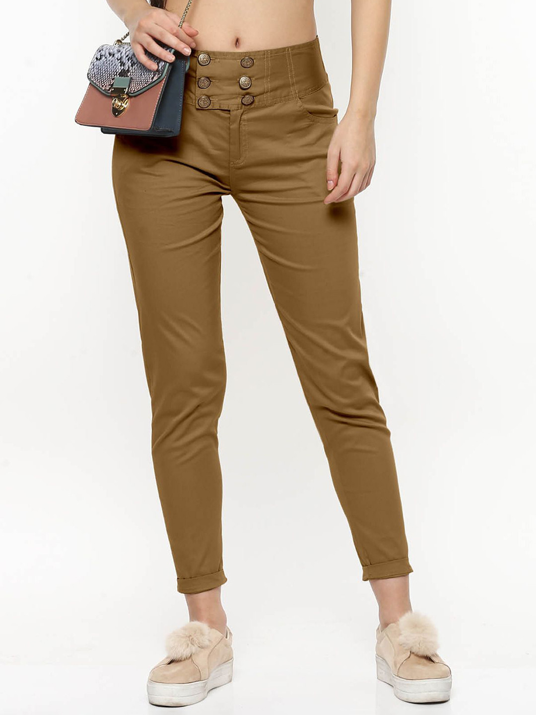 

FLOREOS Women Comfort Skinny Fit Trousers, Camel brown