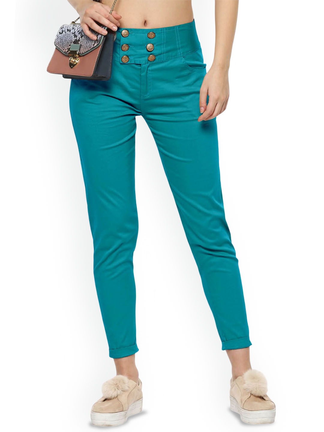 

FLOREOS Women Comfort Skinny Fit Easy Wash Cotton Trouser, Turquoise blue