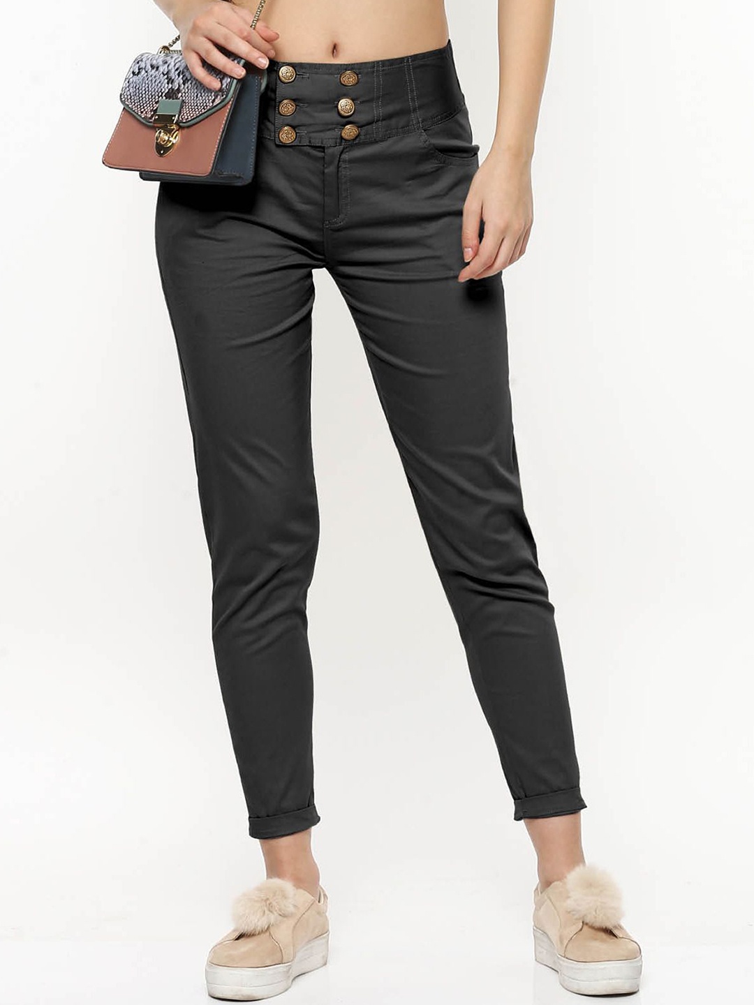 

FLOREOS Women Comfort Skinny Fit Easy Wash Cotton Trousers, Black