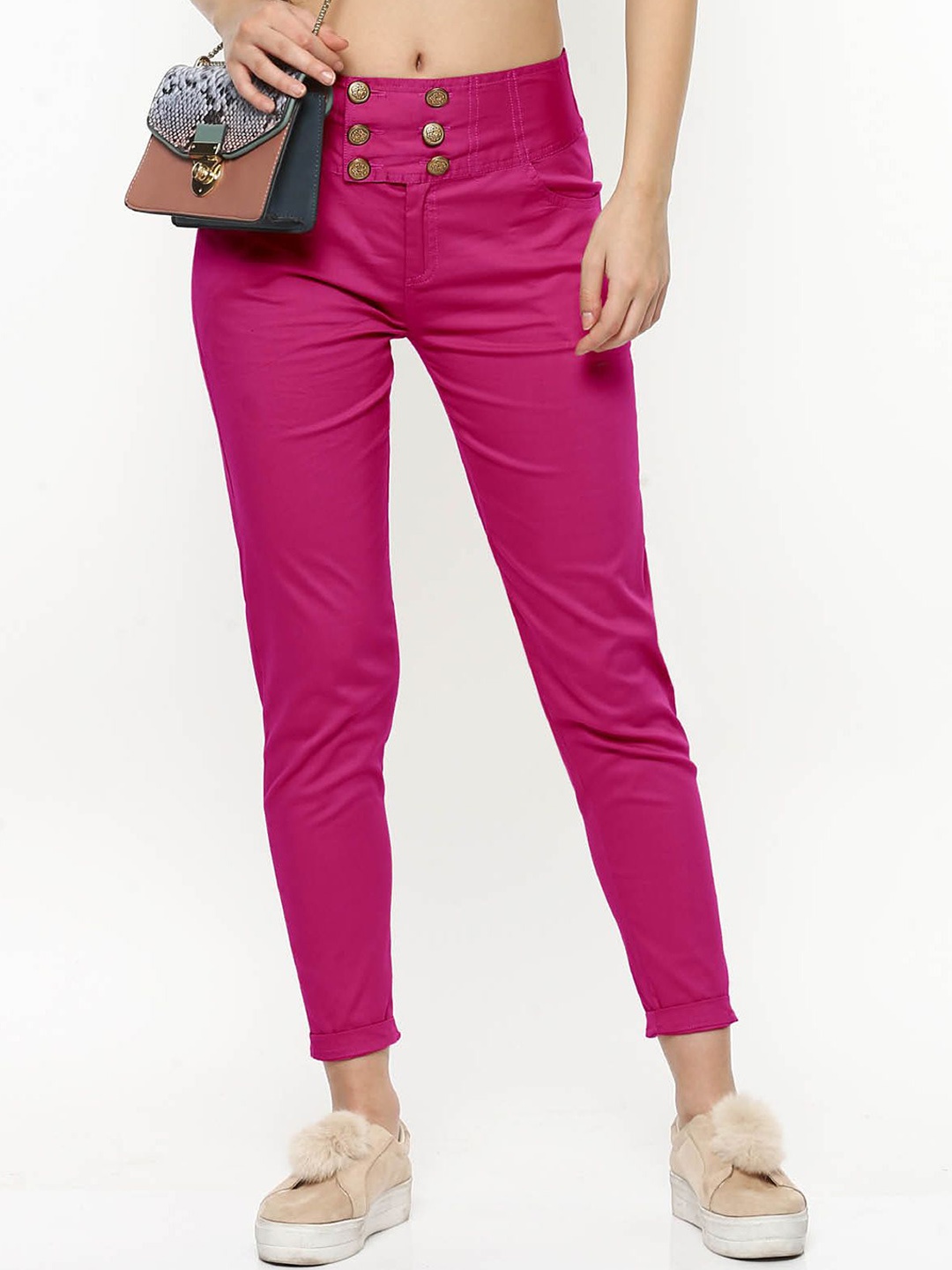 

FLOREOS Women Comfort Skinny Fit Easy Wash Trousers, Magenta