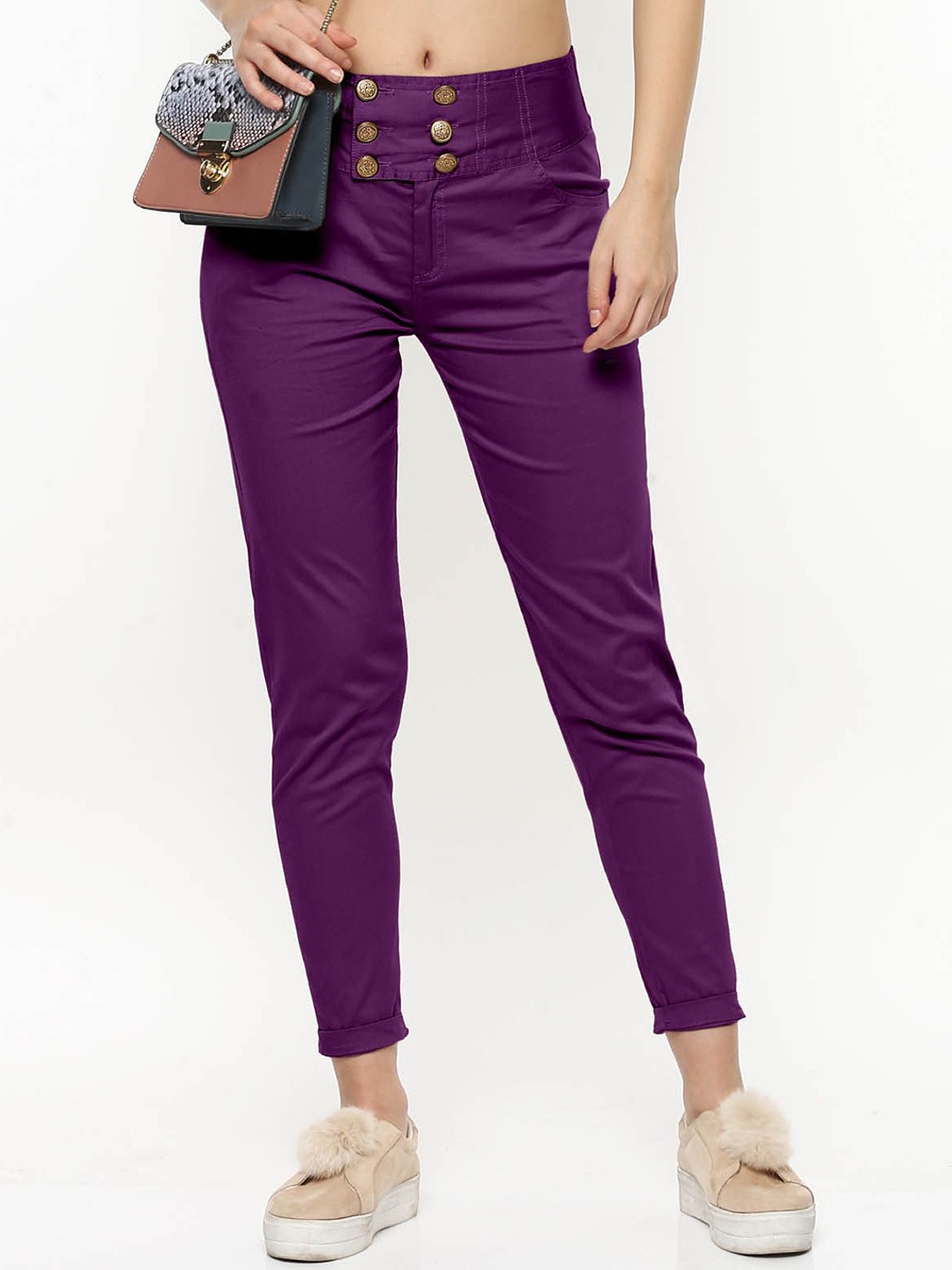 

FLOREOS Women Comfort Skinny Fit Easy Wash Trousers, Purple