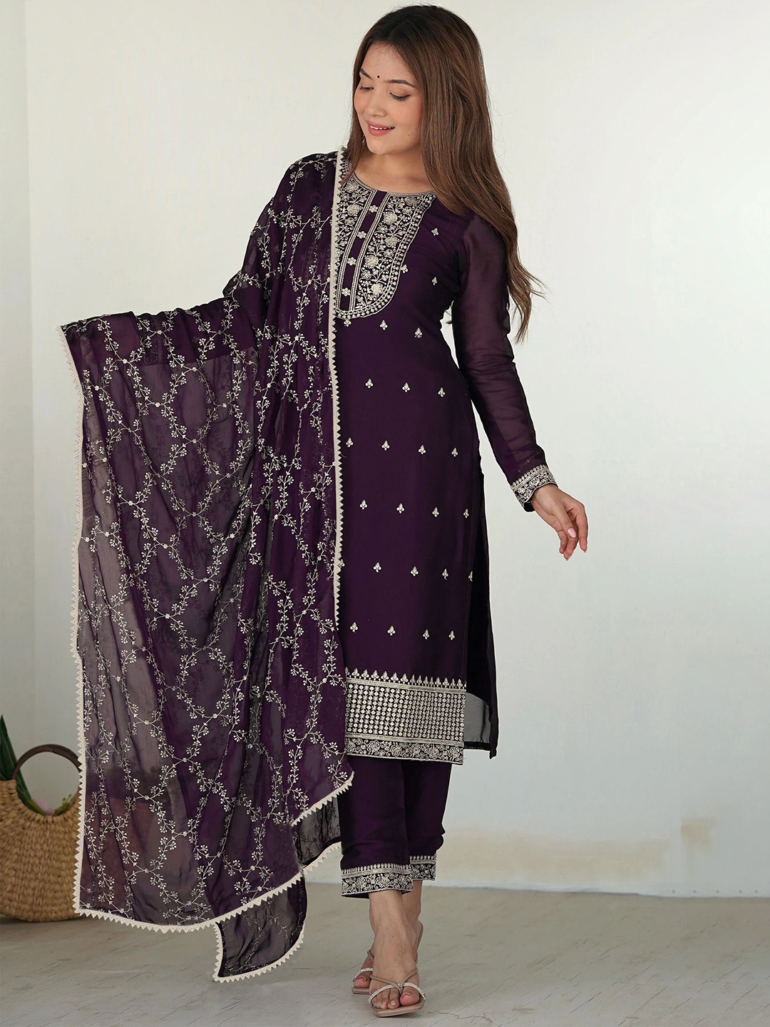 

BAESD Floral Embroidered Georgette Straight Kurta With Trouser And Dupatta, Purple