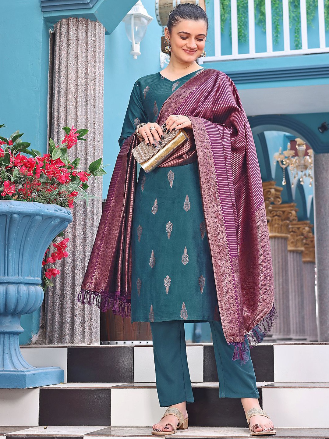 

BAESD Floral Woven Design V-Neck Straight Kurta With Trousers And Dupatta, Teal