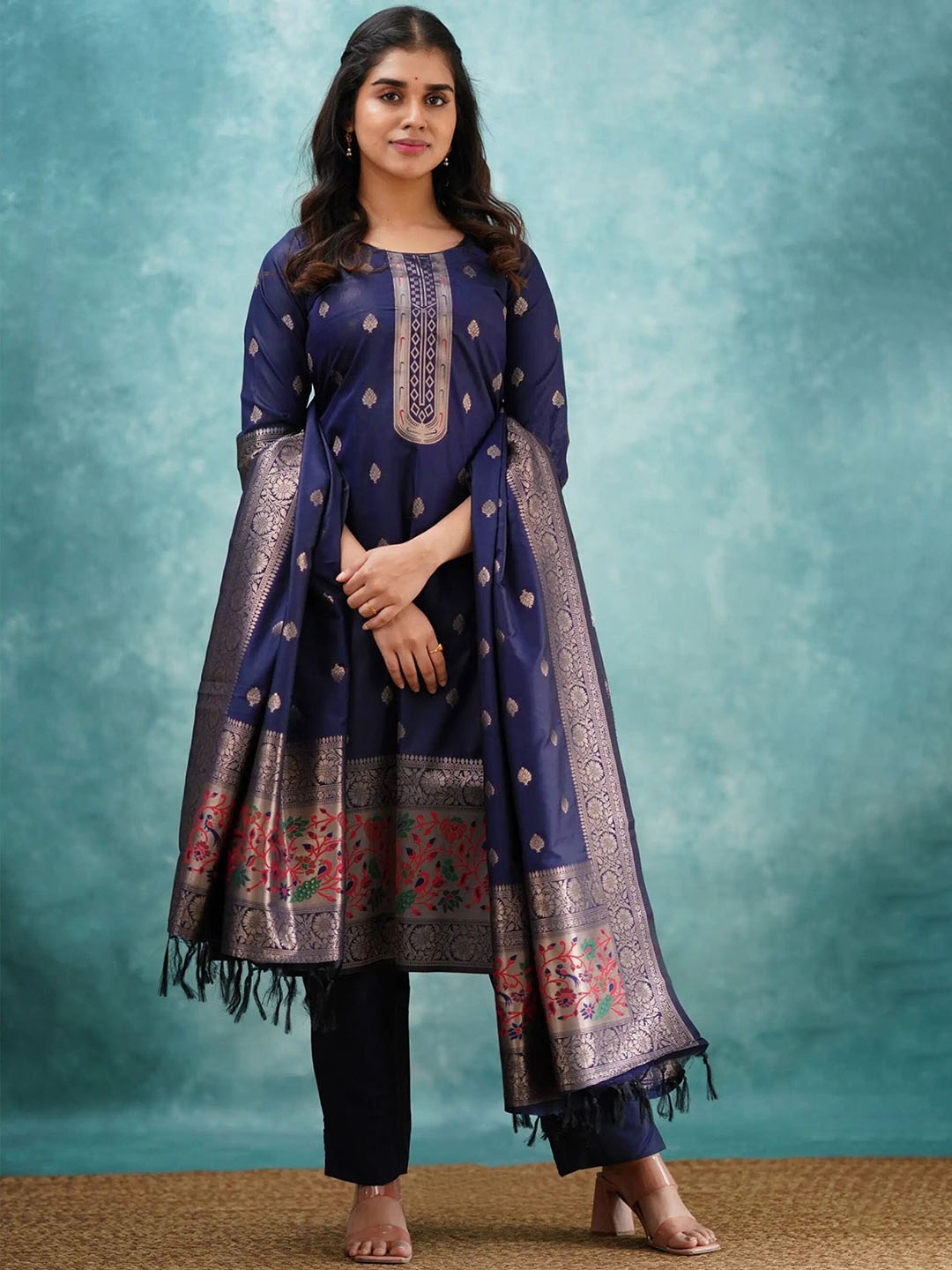 

BAESD Floral Woven Design Round Neck Art Silk Straight KurtaWith Trouser And Dupatta, Blue