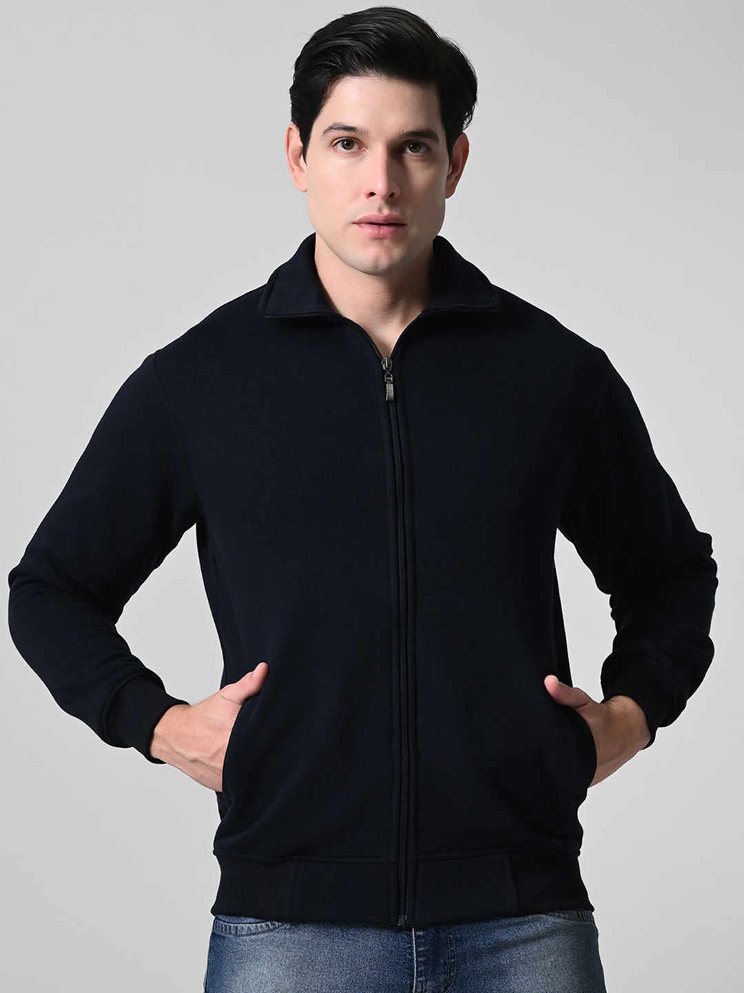 

BAESD Men Mock Collar Solid Fleece Casual Lightweight Bomber Jacket, Navy blue