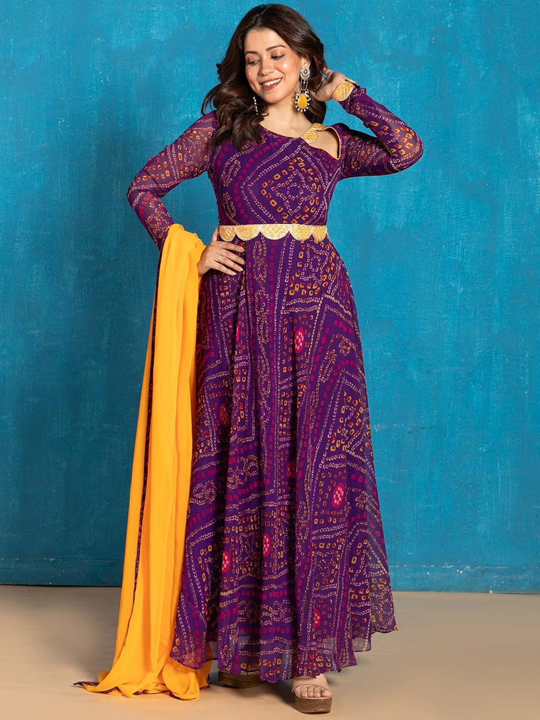 

NUD Bandhani Printed Keyhole Neck Georgette Anarkali Kurta With Dupatta, Purple