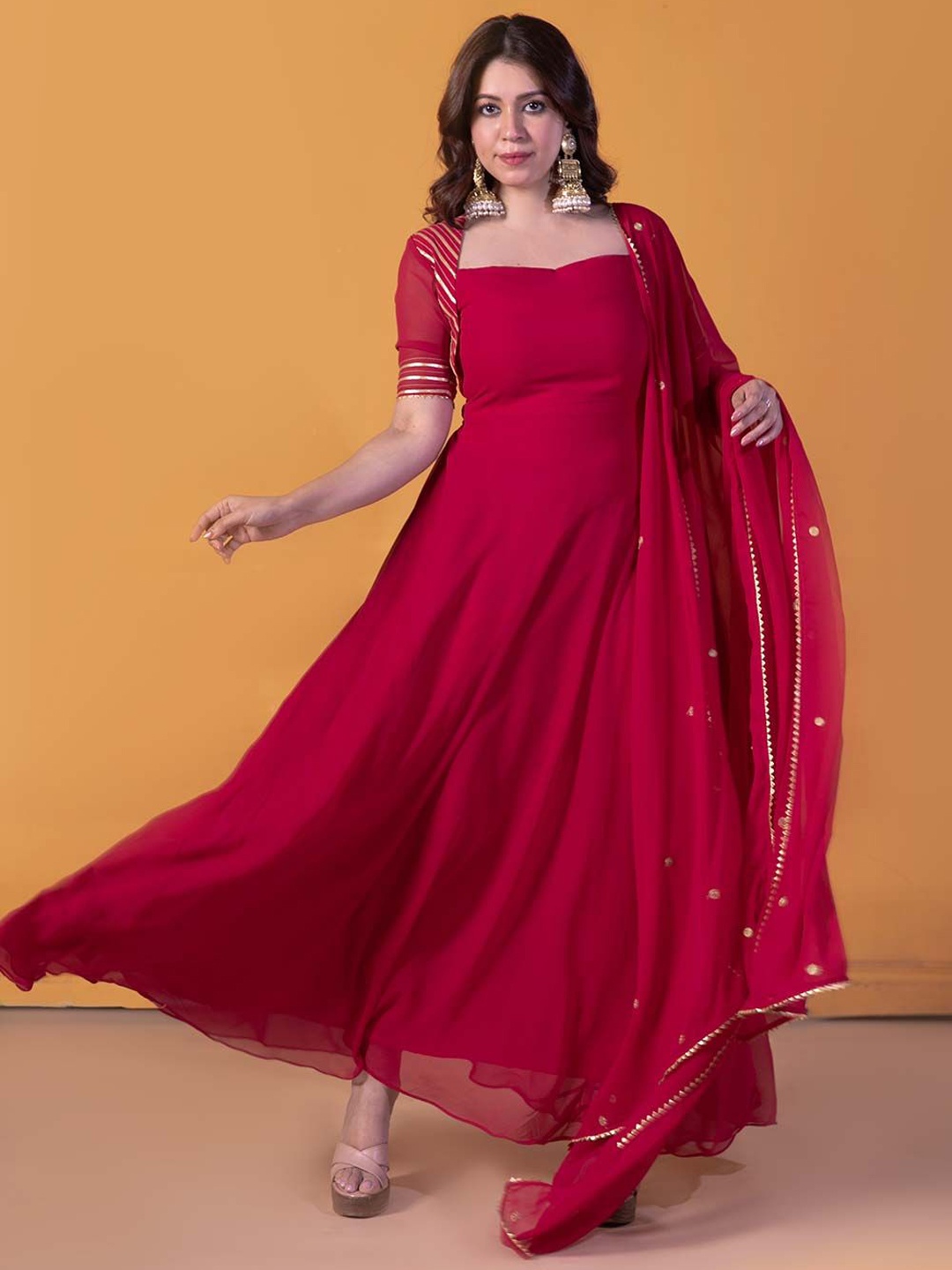 

NUD Women Sweetheart Neck Georgette Anarkali Kurta With Dupatta, Red