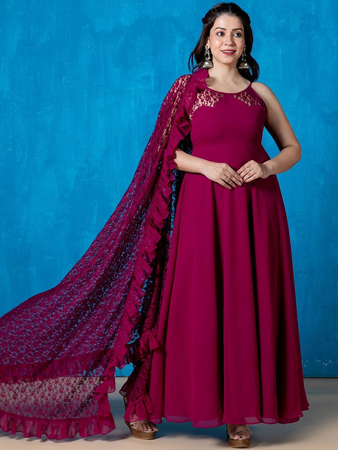 

NUD Shoulder Strap Georgette Anarkali Kurta With Dupatta, Burgundy