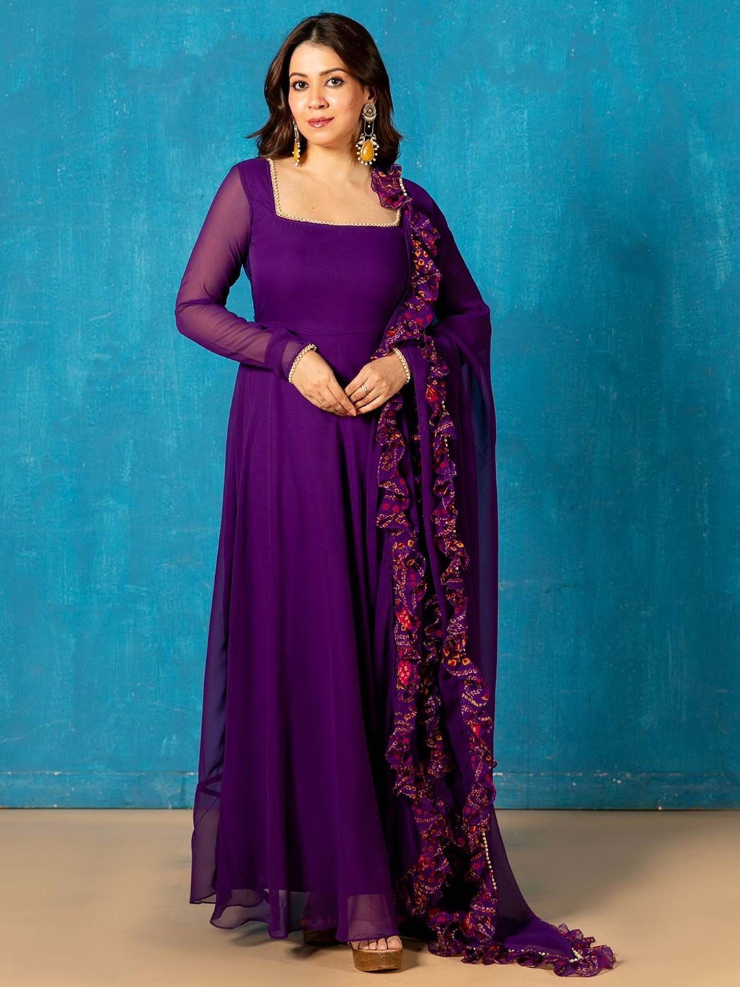 NUD Square Neck Gotta Patti Georgette Anarkali Kurta With Dupatta, Purple