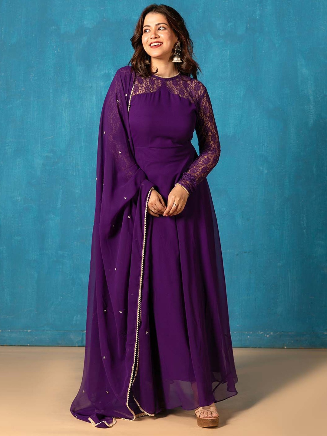 

NUD Women Round Neck Gotta Patti Panelled Georgette Anarkali Kurta With Dupatta, Purple