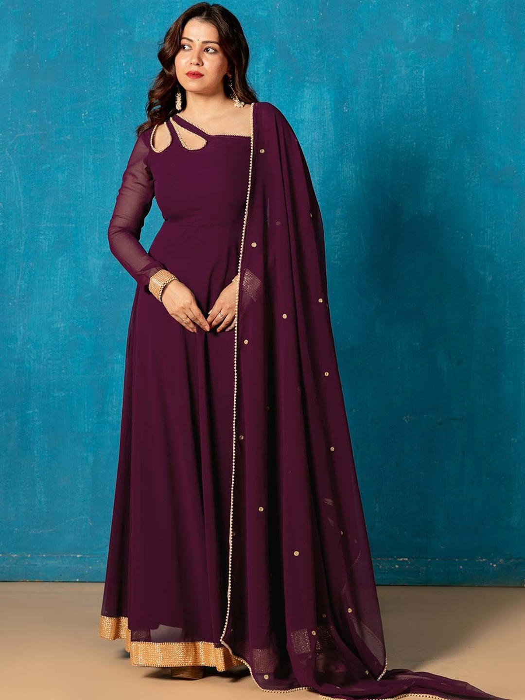

NUD Keyhole Neck Gotta Patti Georgette Anarkali Kurta With Dupatta, Violet