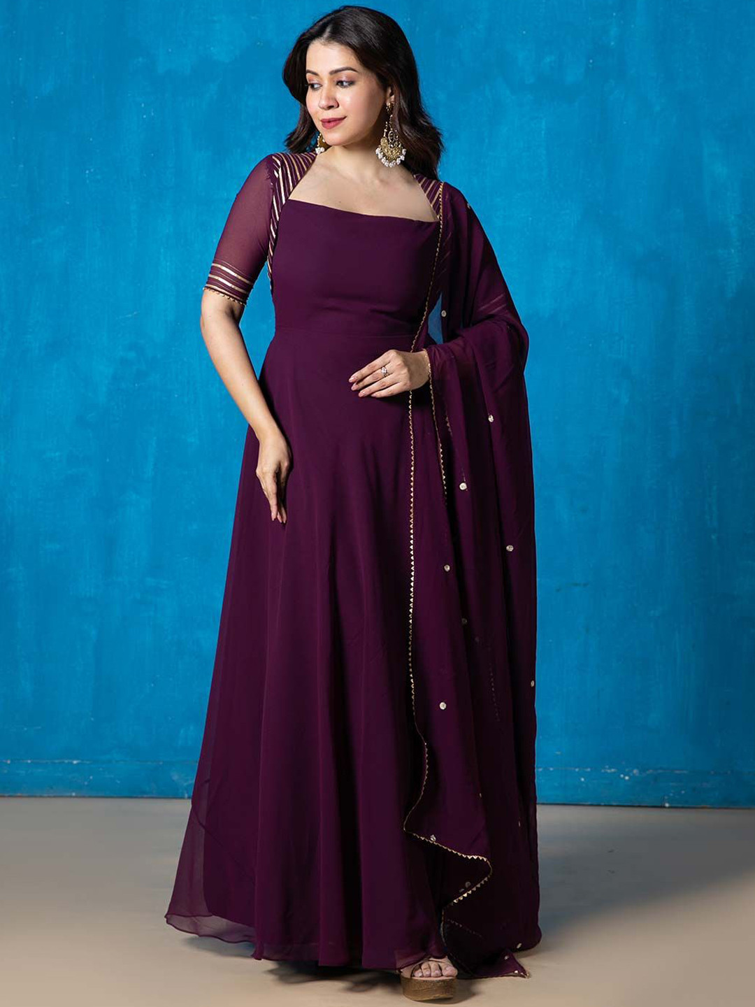 

NUD Square Neck Gotta Patti Georgette Anarkali Kurta With Dupatta, Violet