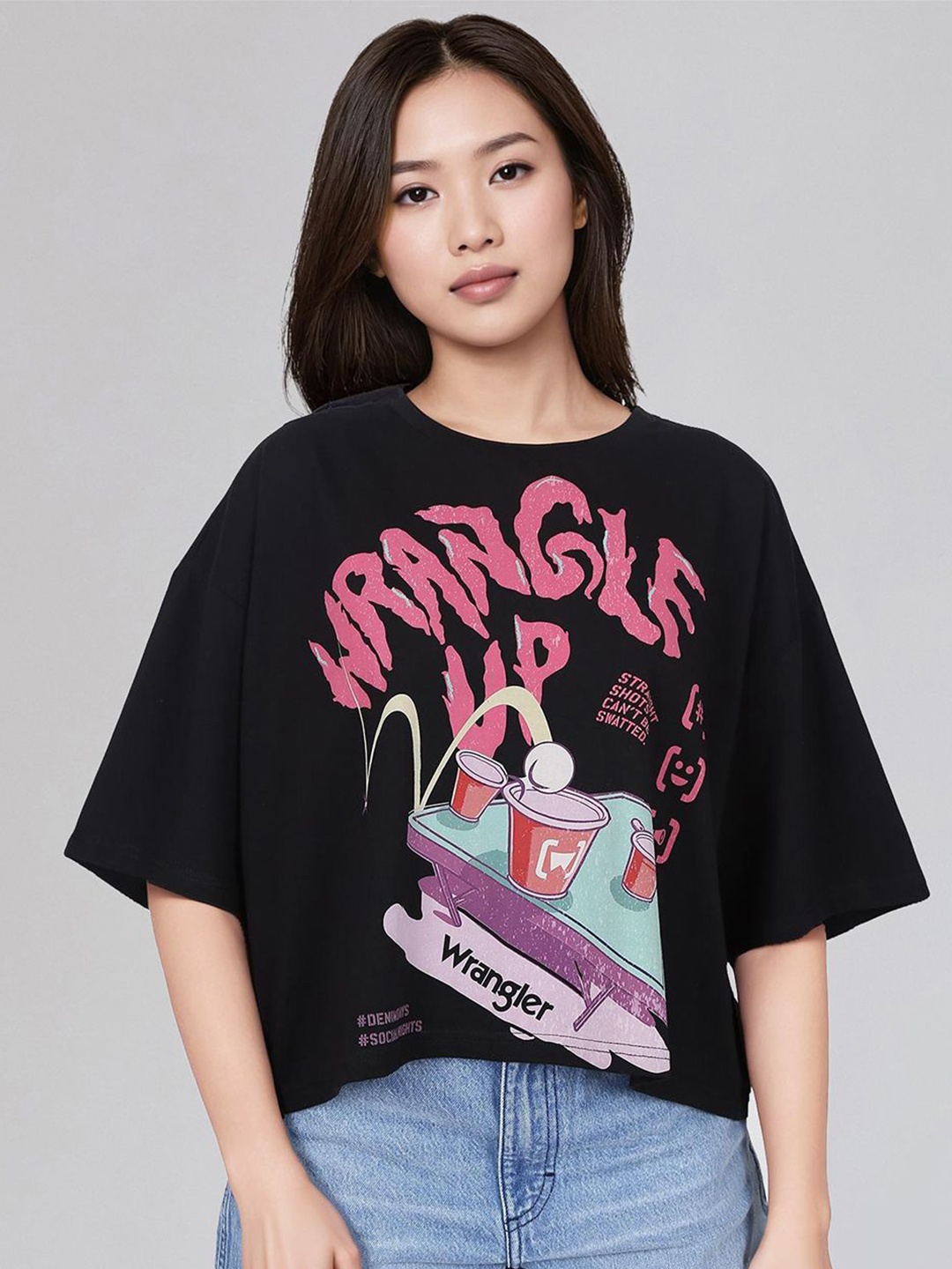 

Wrangler Women Graphic Printed Round Neck Cotton Oversized T-shirt, Black