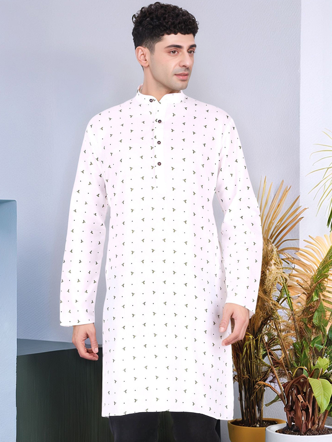 

Moda Rapido Floral Printed Band Collar Cotton Straight Kurta, Green