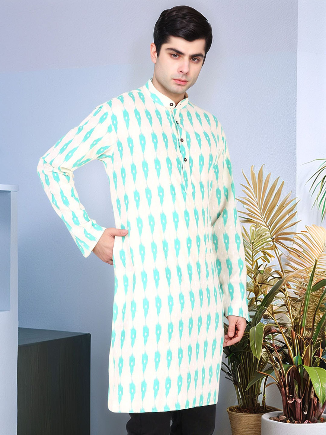 

Moda Rapido Floral Printed Mandarin Collar Kurta, Lime green