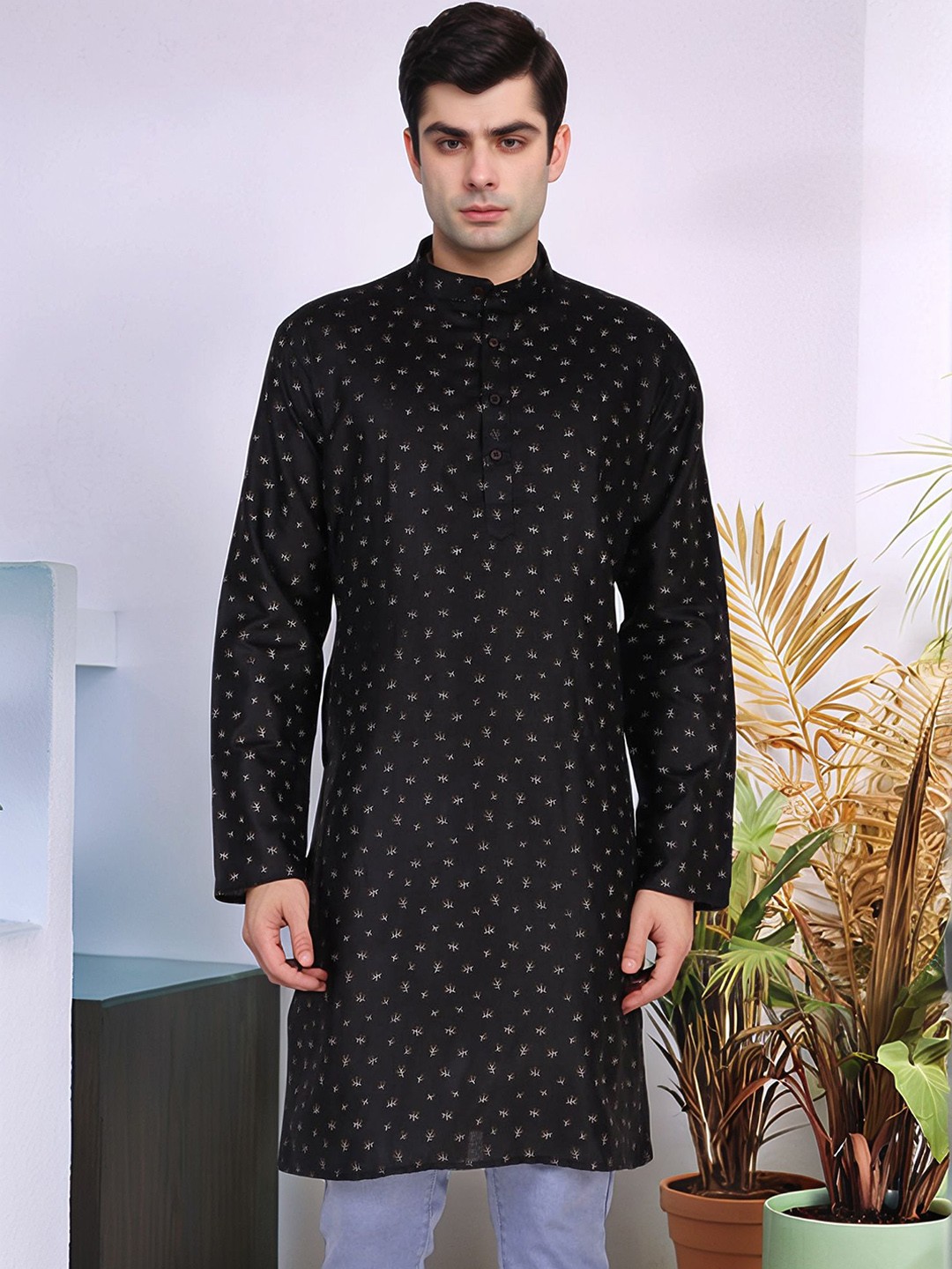 

Moda Rapido Floral Printed Mandarin Collar Kurta, Black