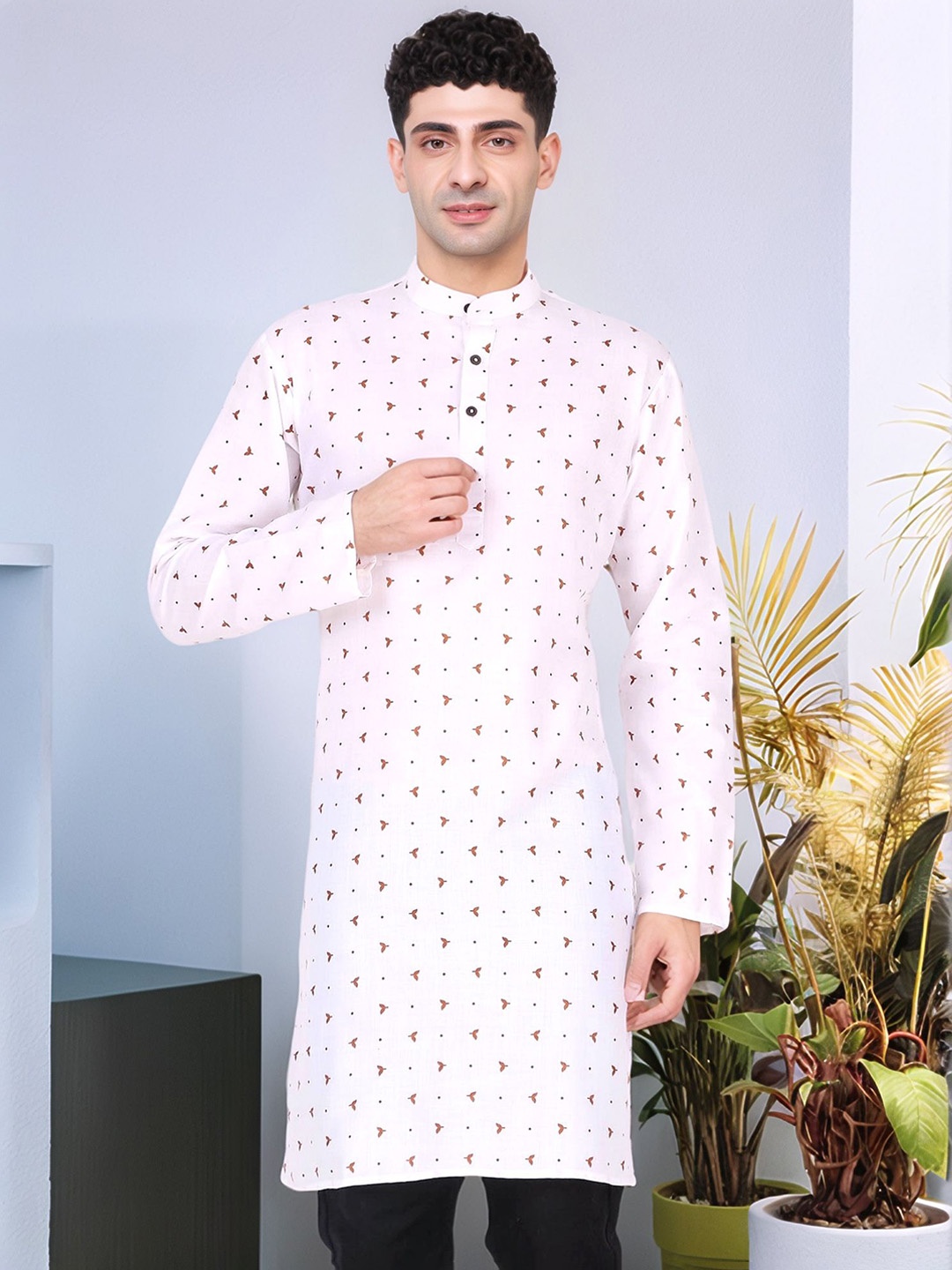 

Moda Rapido Floral Printed Mandarin Collar Kurta, Brown
