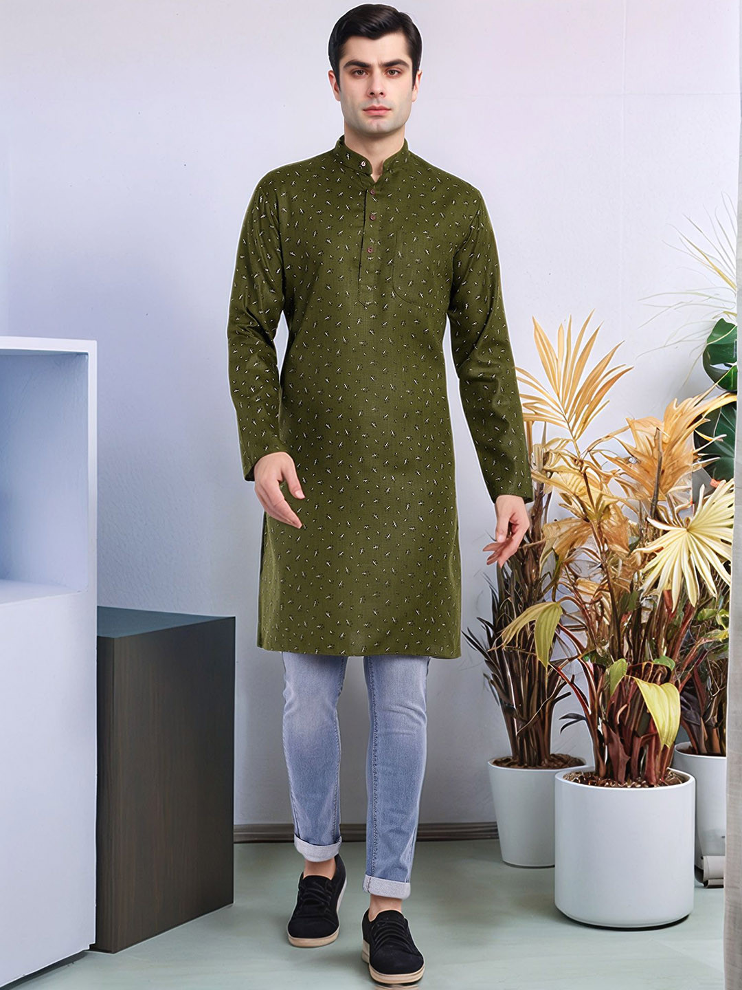 

Moda Rapido Floral Printed Band Collar Cotton Straight Kurta, Green