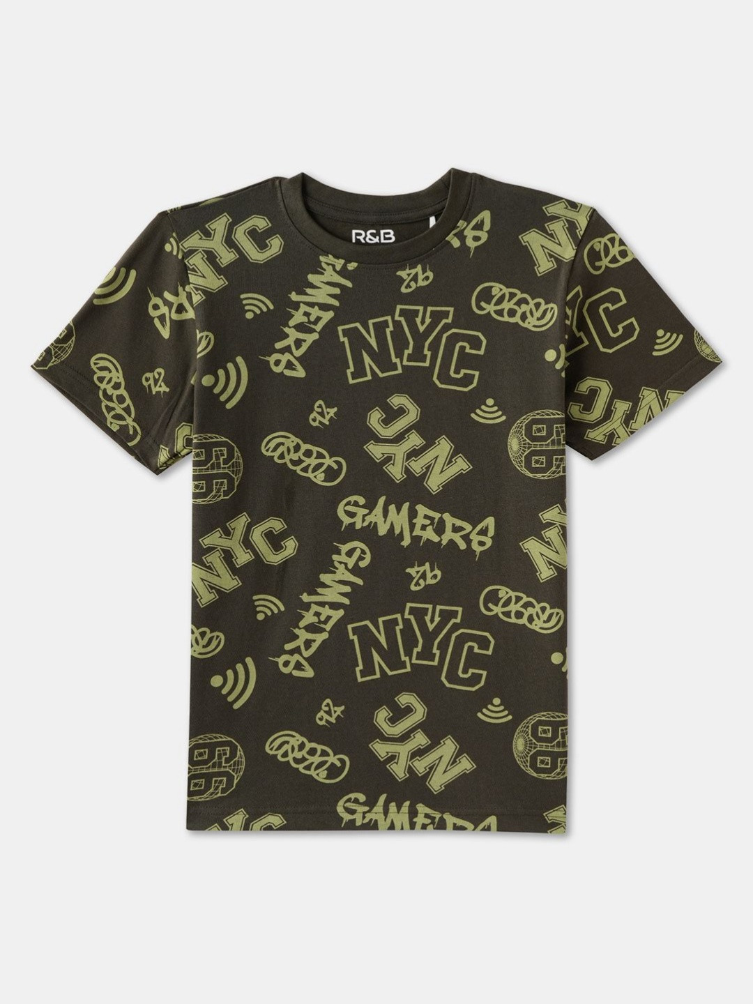 

R&B Boys Typography Printed Round Neck Cotton T-shirt, Olive